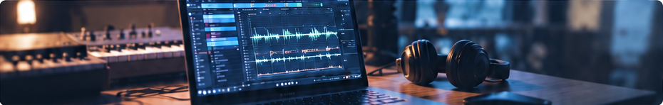 楽曲制作ソフトを表示したパソコンとヘッドホン