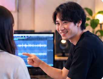 制作した楽曲について意見を交わす様子